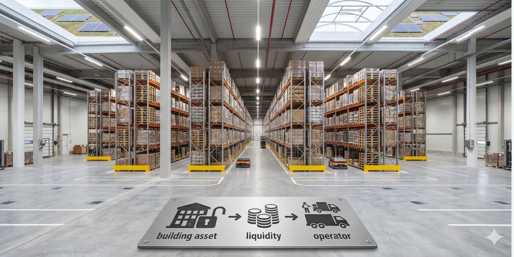 Detaillierte Innenansicht einer modernen Logistikhalle mit hohen Decken, automatisierten Robotern, intelligenten Energiesystemen und standardisierten Regalen.